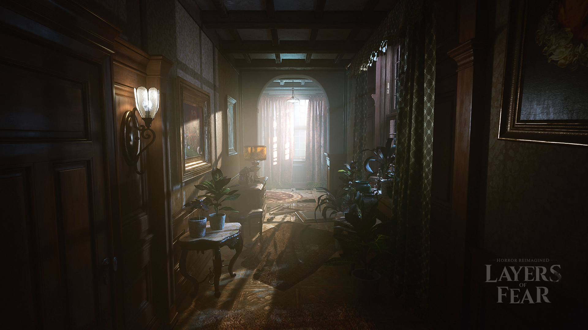 HD desktop wallpaper featuring a spooky interior scene from the game Layers of Fear with dim lighting and Victorian-style decor.