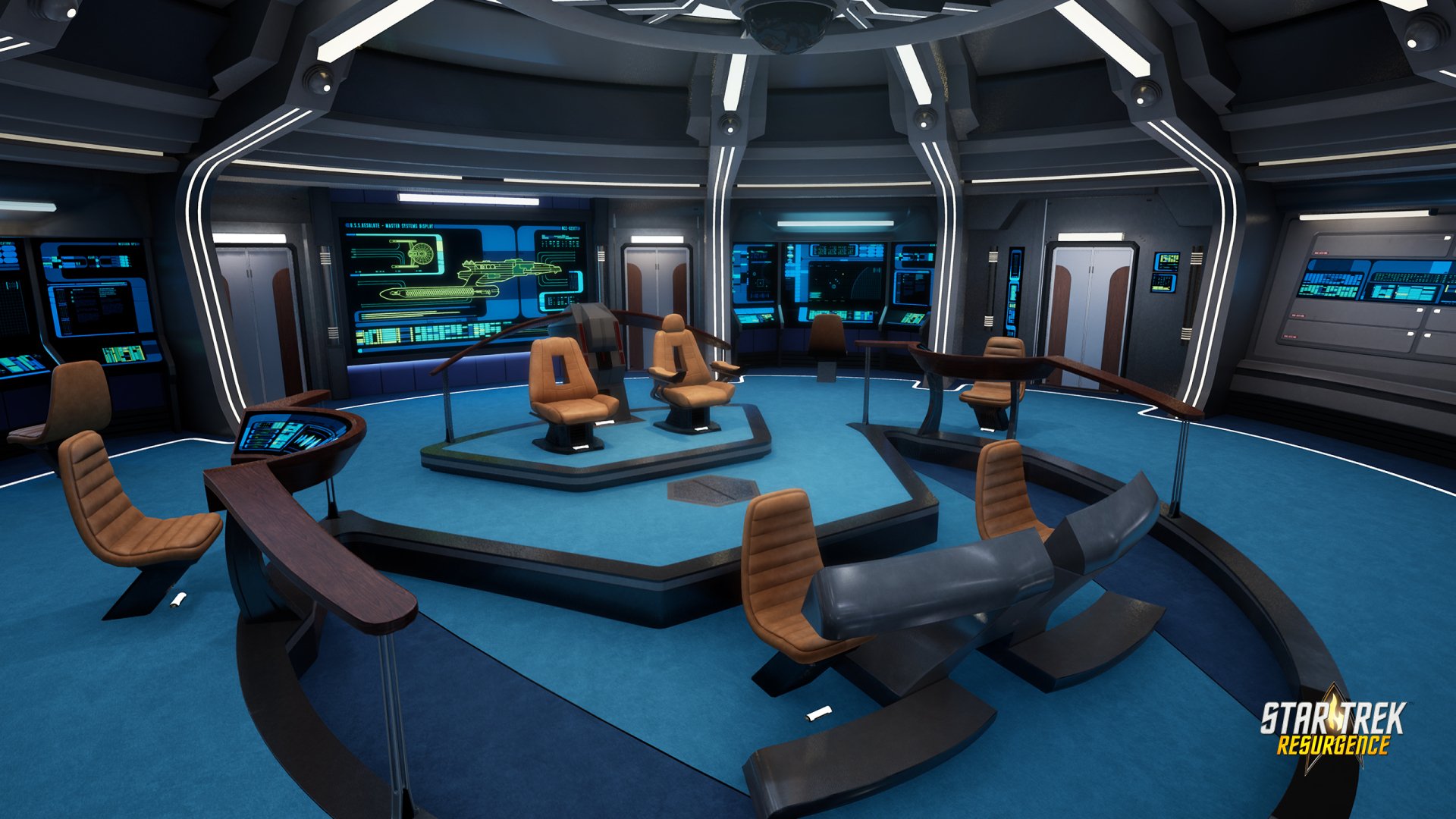 HD desktop wallpaper featuring the command bridge from Star Trek: Resurgence, showcasing futuristic chairs and control panels.