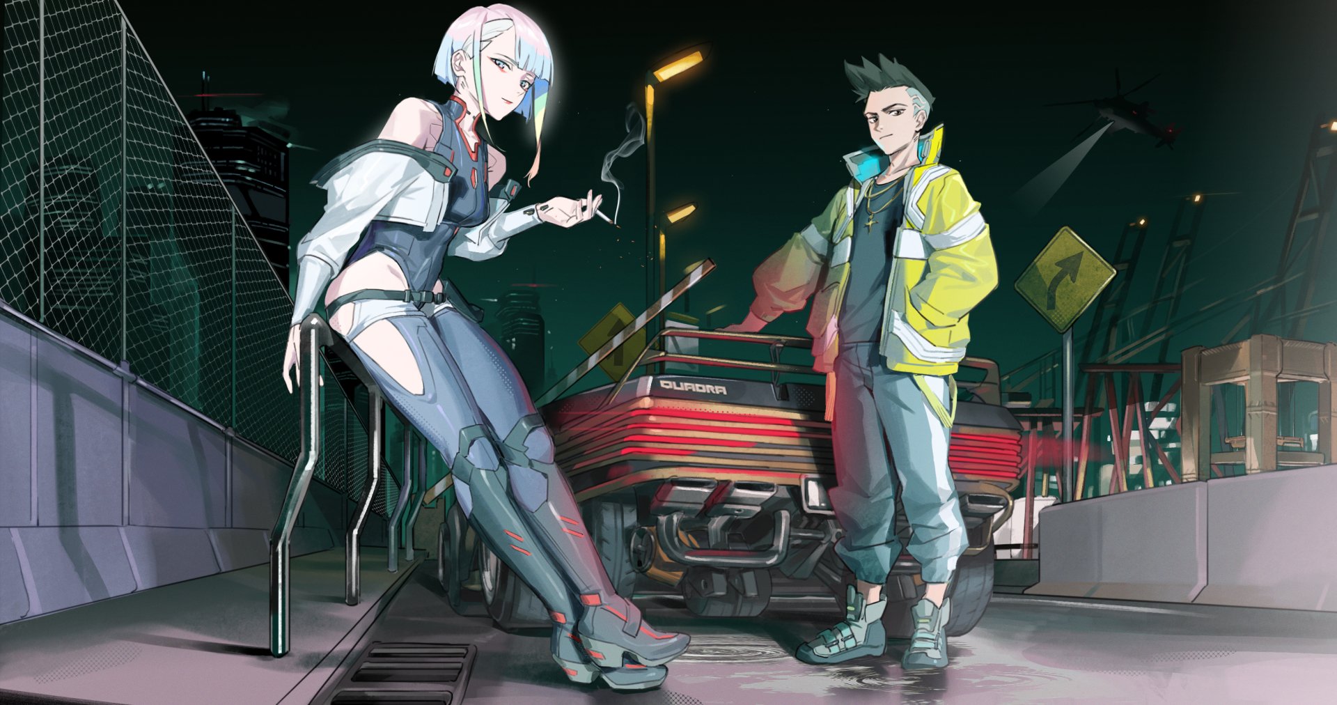 David and Lucy from Cyberpunk: Edgerunners stand in a futuristic cityscape with neon lights, rendered in high-definition anime style for a PC desktop wallpaper.