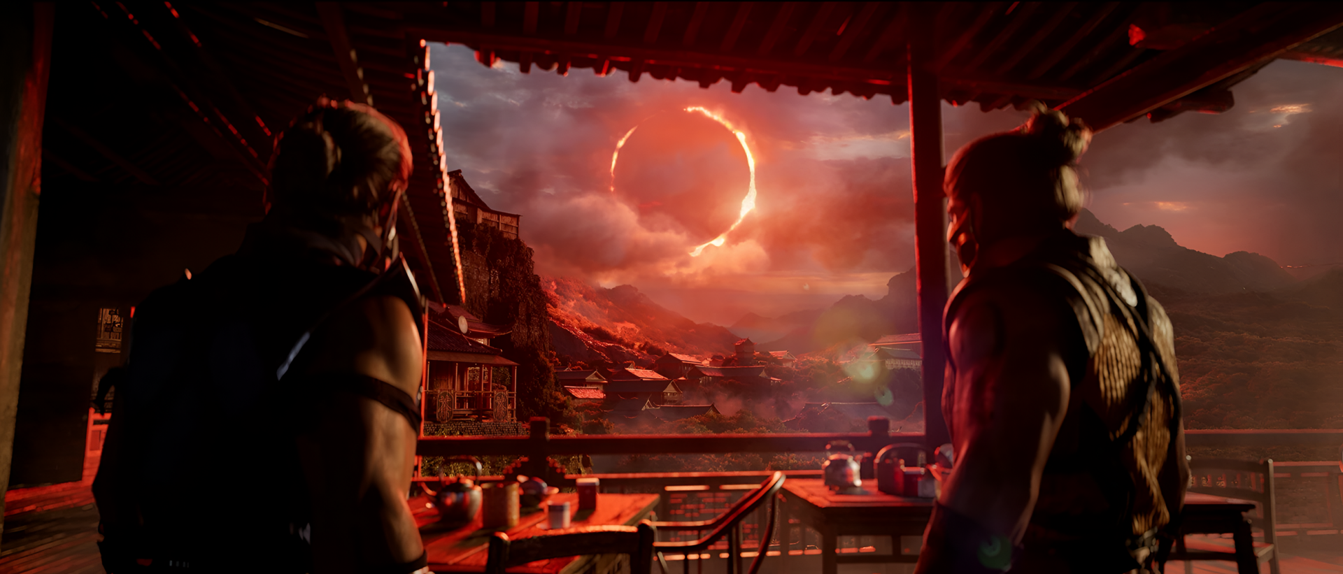 HD desktop wallpaper featuring Scorpion and Sub-Zero from Mortal Kombat 1, overlooking a dramatic sunset with an eclipse, capturing the essence of the iconic video game rivalry.