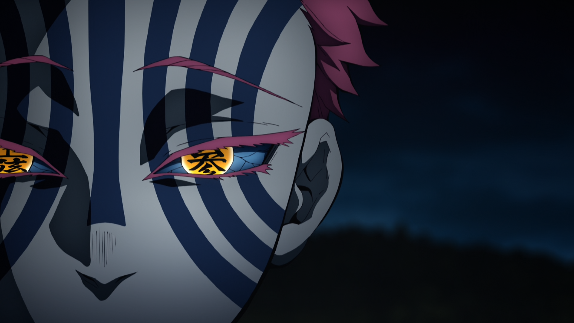 HD PC desktop wallpaper featuring Akaza from the anime Demon Slayer: Kimetsu no Yaiba, showcasing his distinct facial markings and intense gaze.