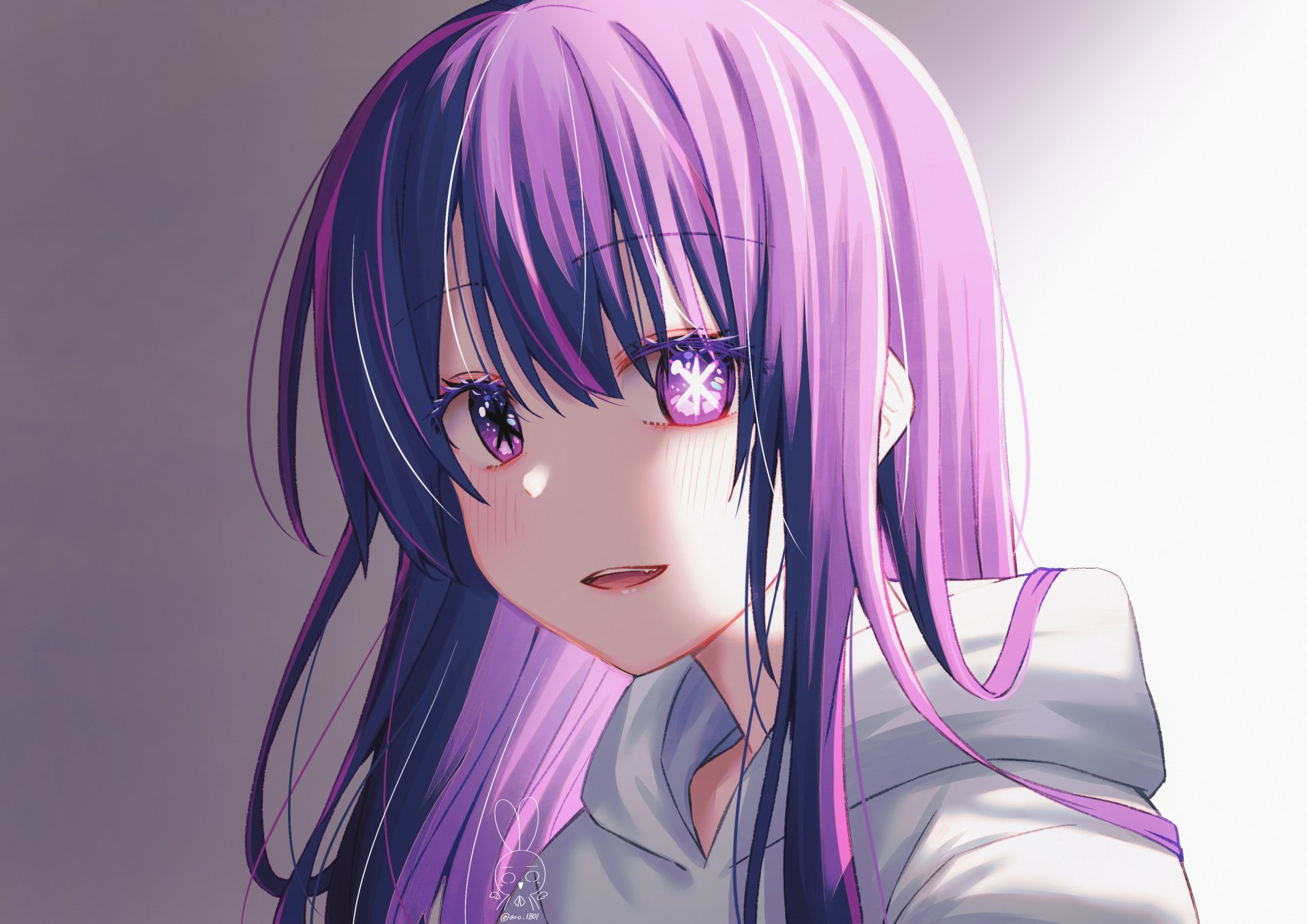 HD PC desktop wallpaper featuring Ai Hoshino from the anime Oshi no Ko, showcasing her vibrant purple hair and expressive eyes in detailed anime style.