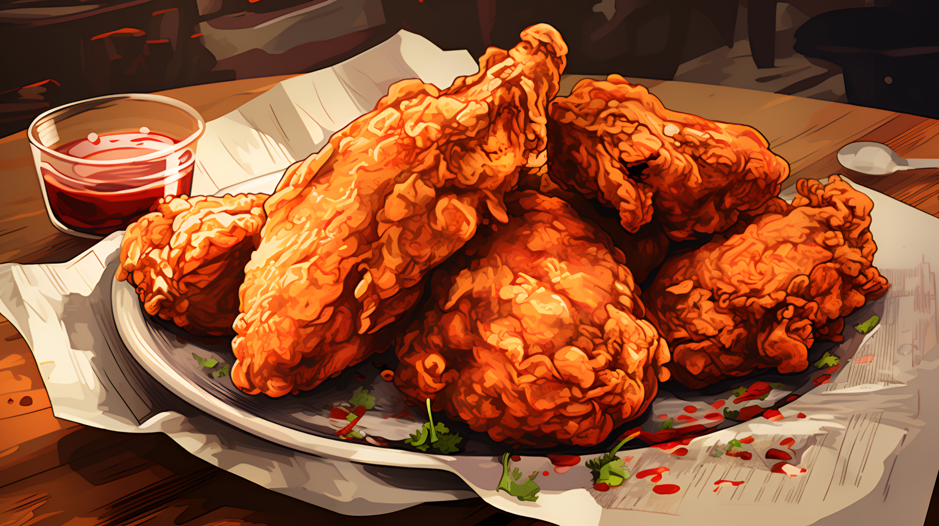 Crispy fried chicken on a plate with hot sauce and herbs illustration for HD food-themed desktop wallpaper.