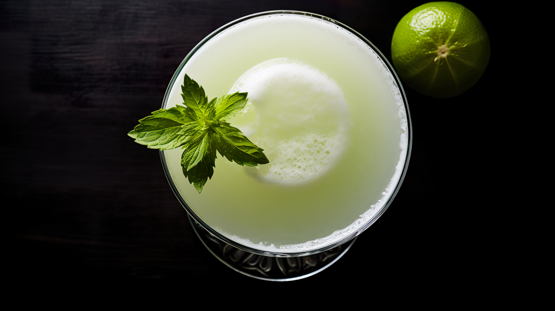 HD desktop wallpaper featuring a refreshing Daiquiri garnished with fresh mint and a lime, set against a dark background.