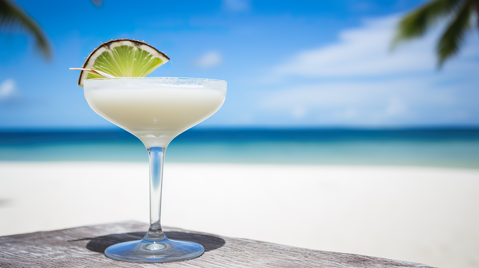 HD desktop wallpaper featuring a refreshing Daiquiri garnished with a lime slice, set against a vibrant beach backdrop.