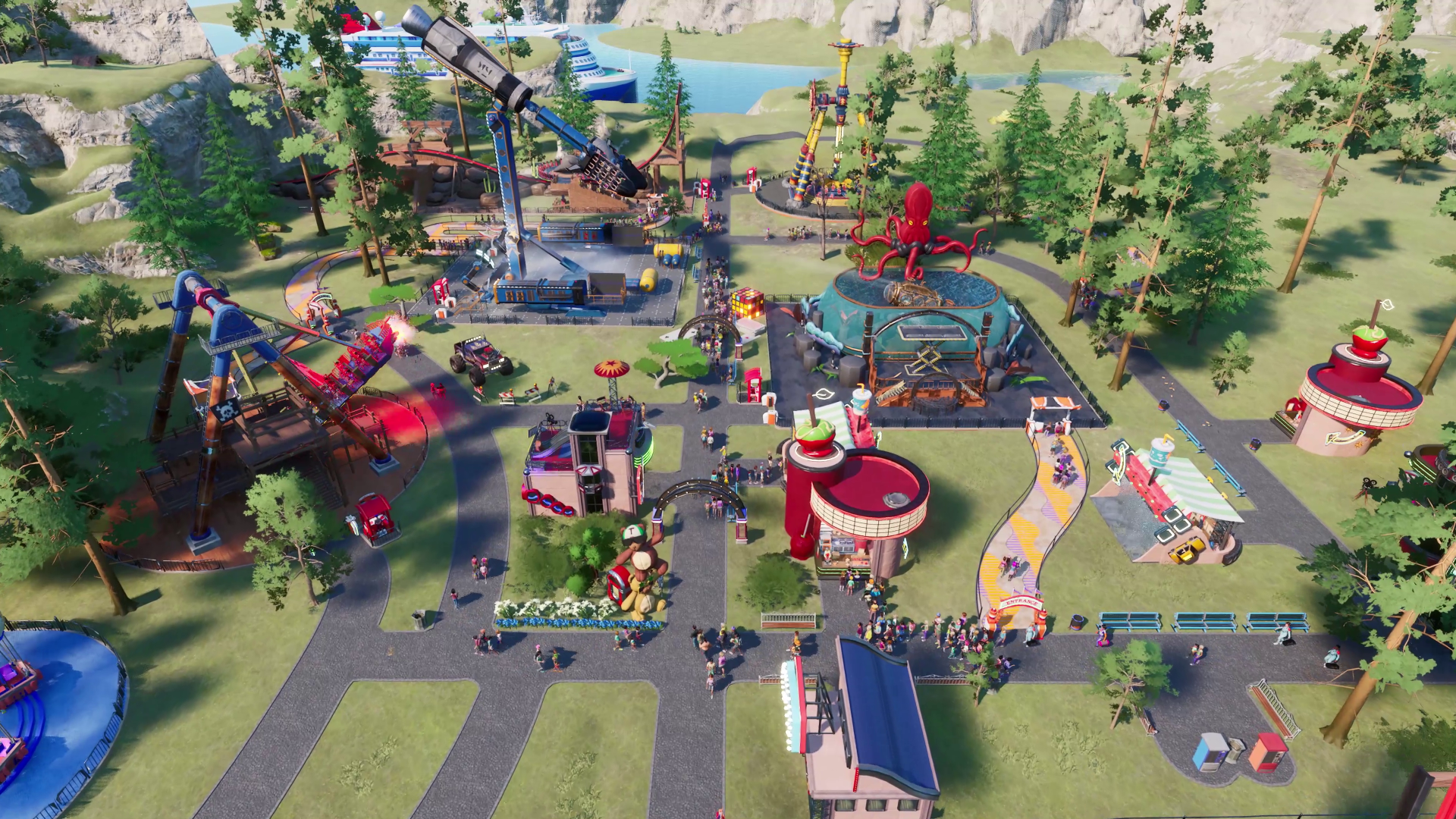 HD desktop wallpaper from the video game Park Beyond featuring a vibrant theme park with various rides and attractions set in a lush, green landscape.