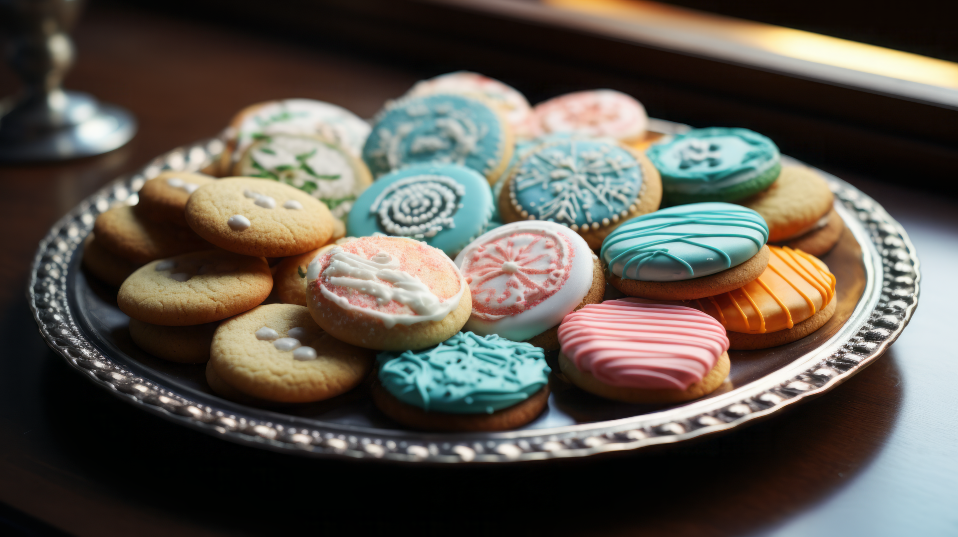 A beautifully arranged platter of colorful sugar cookies, featuring intricate icing designs, serves as a delightful HD desktop wallpaper and background.