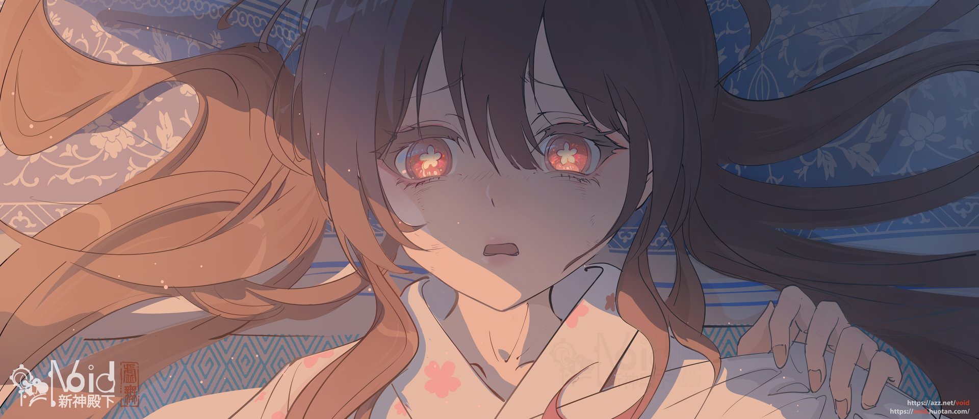 HD PC desktop wallpaper featuring Hu Tao from the video game Genshin Impact with detailed, vibrant eyes and soft lighting.