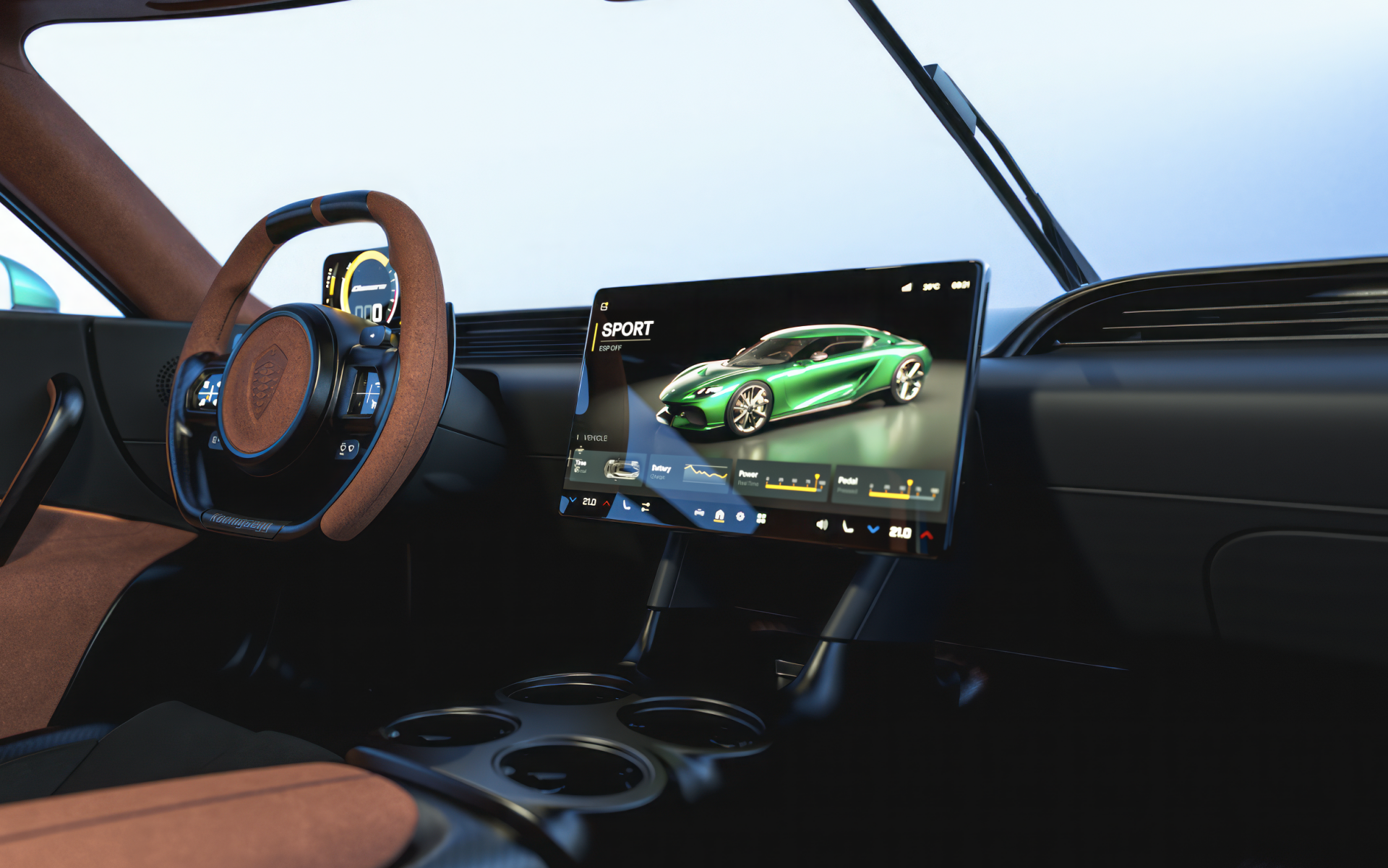 A stunning HD desktop wallpaper showcasing the interior of a Koenigsegg Gemera, featuring a sleek dashboard and advanced touchscreen display.