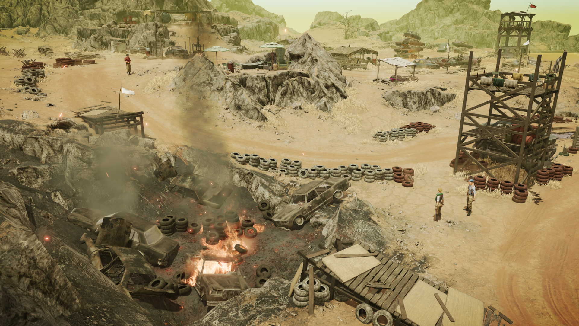 HD desktop wallpaper from Jagged Alliance 3 featuring a detailed war-torn base camp with scattered debris and soldiers amidst desert terrain.