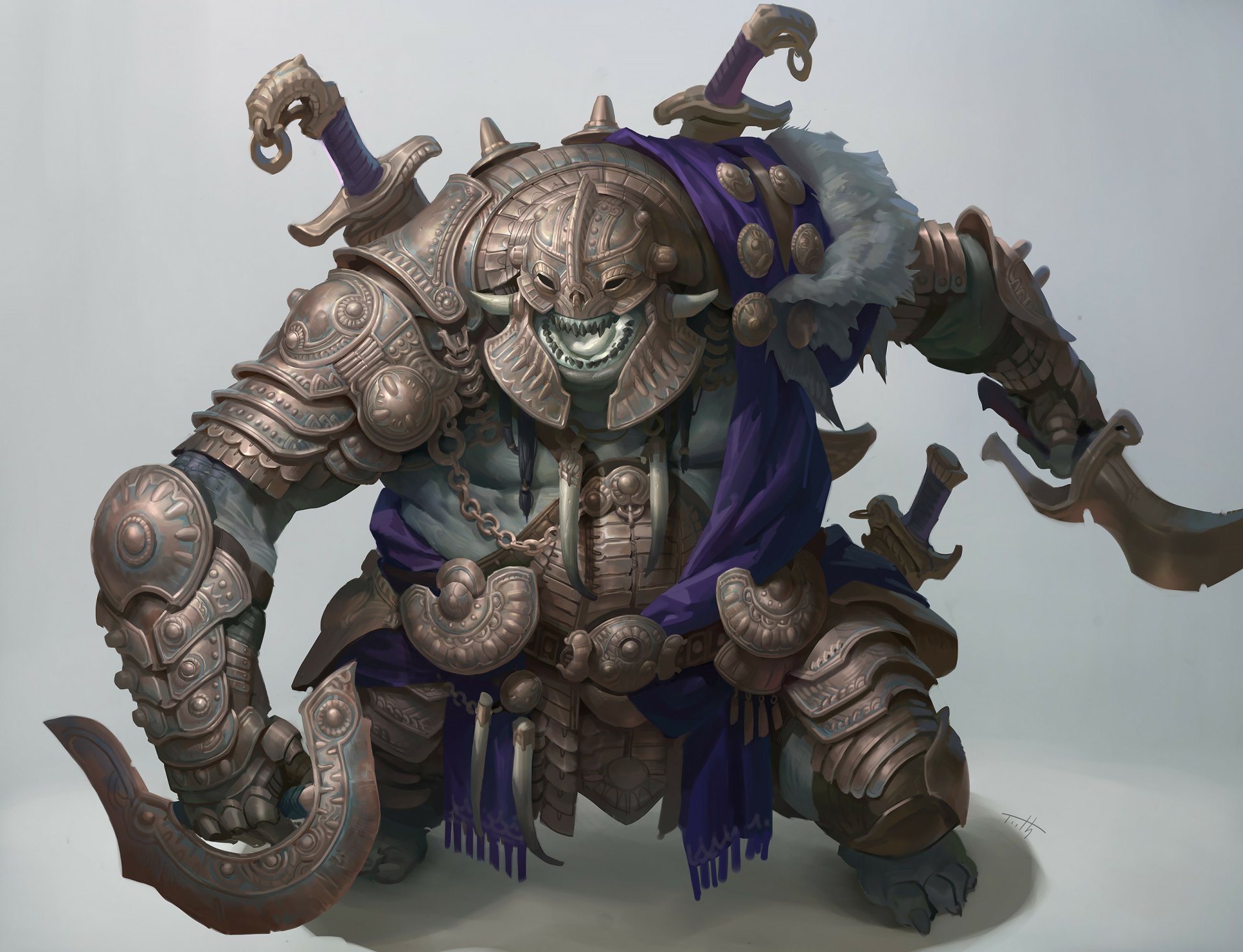 A formidable fantasy warrior, armored in intricate bronze, exudes strength and power, making this HD desktop wallpaper an impressive backdrop for fans of epic battles.