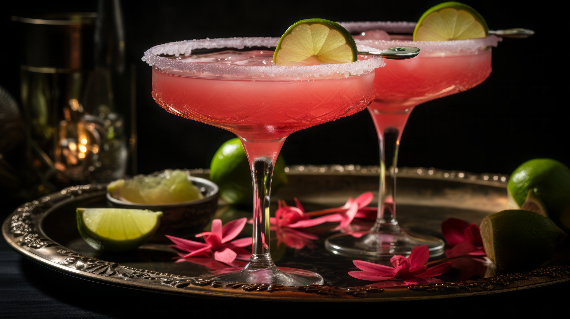 HD desktop wallpaper of two pink daiquiris garnished with lime on a tray, created with AI Art, displaying a sophisticated aesthetic.