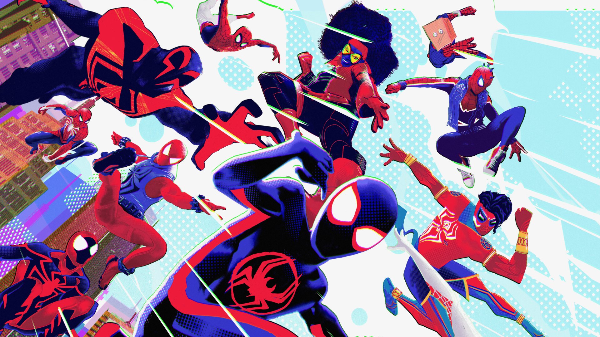 Vibrant 4K Ultra HD Spider-Man: Across the Spider-Verse movie wallpaper featuring multiple Spider-People swinging and leaping dynamically against a bright sky backdrop.