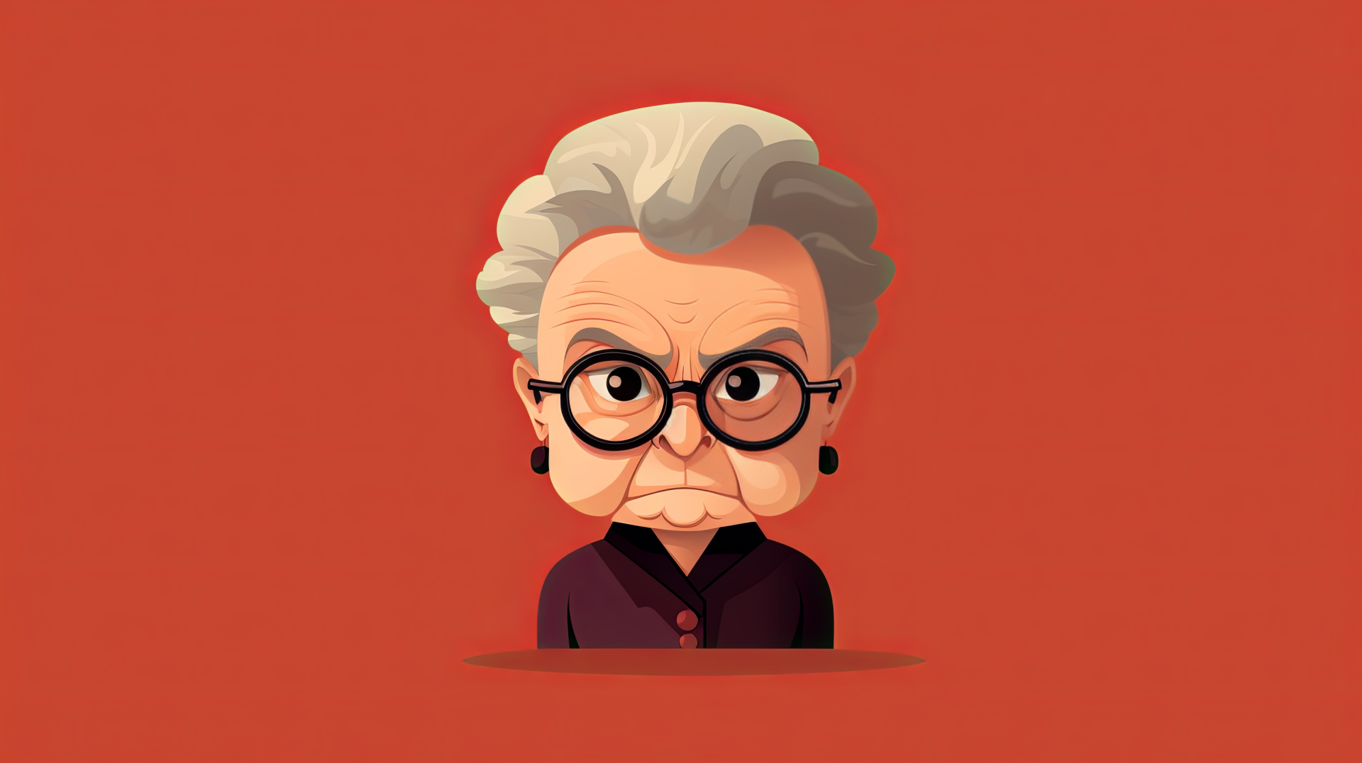 HD desktop wallpaper featuring an illustrated AI art portrait of a stern-looking grandmother with glasses on a red background.