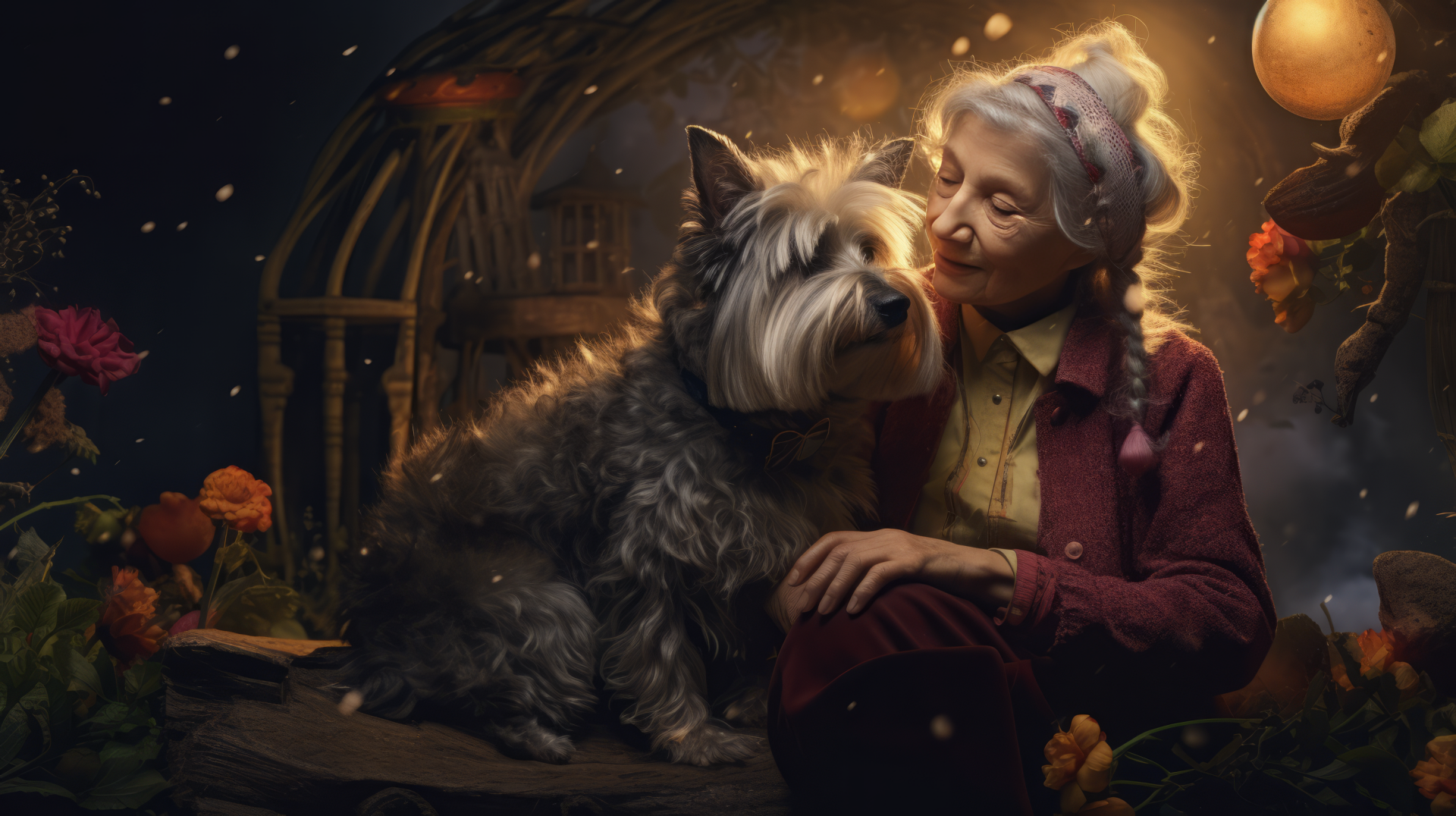 A heartfelt scene featuring a grandmother sharing a tender moment with her dog, set against a whimsical backdrop, creating a charming HD desktop wallpaper.