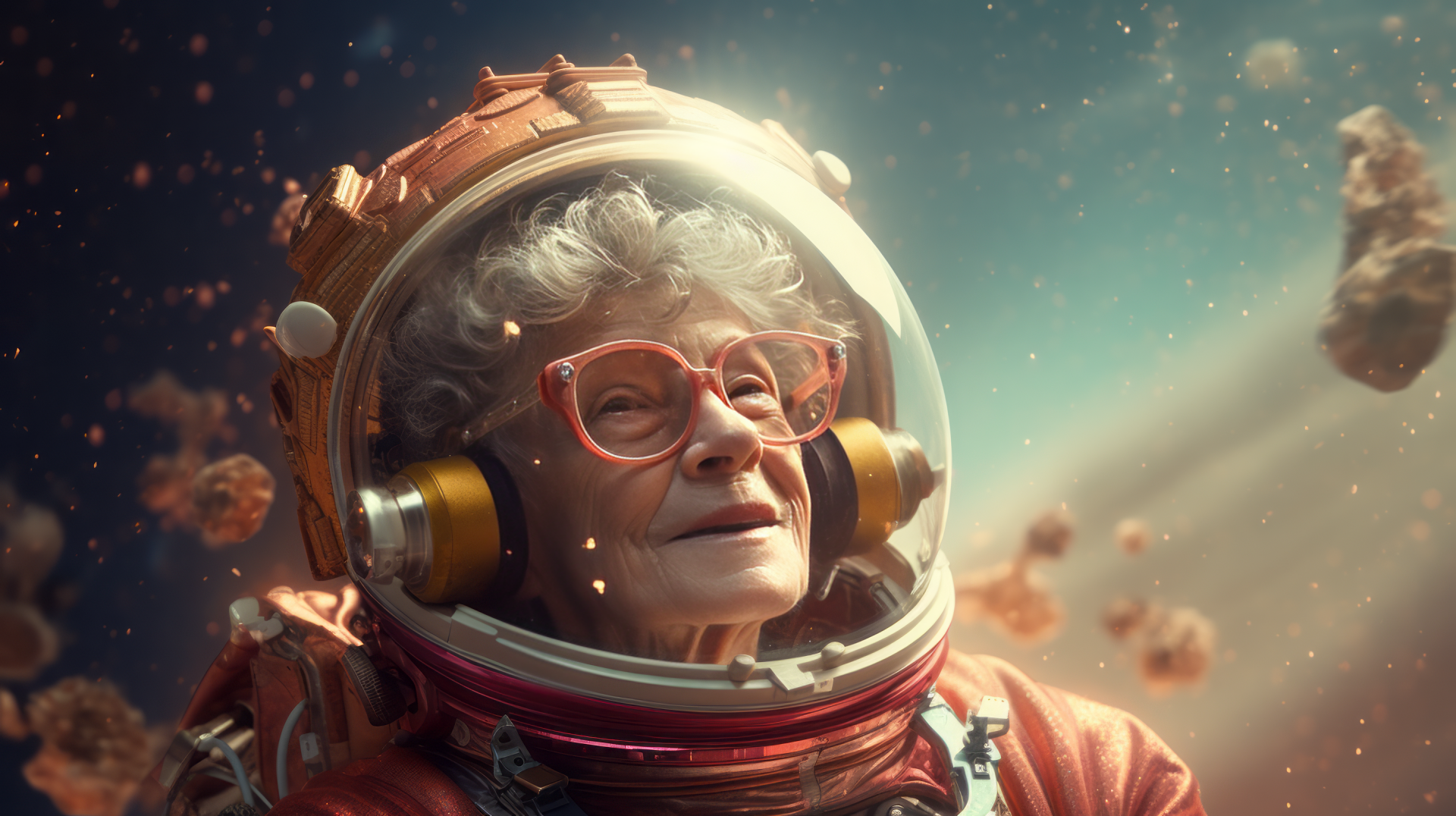AI-generated art of a smiling grandmother in astronaut gear surrounded by space rocks as HD desktop wallpaper.