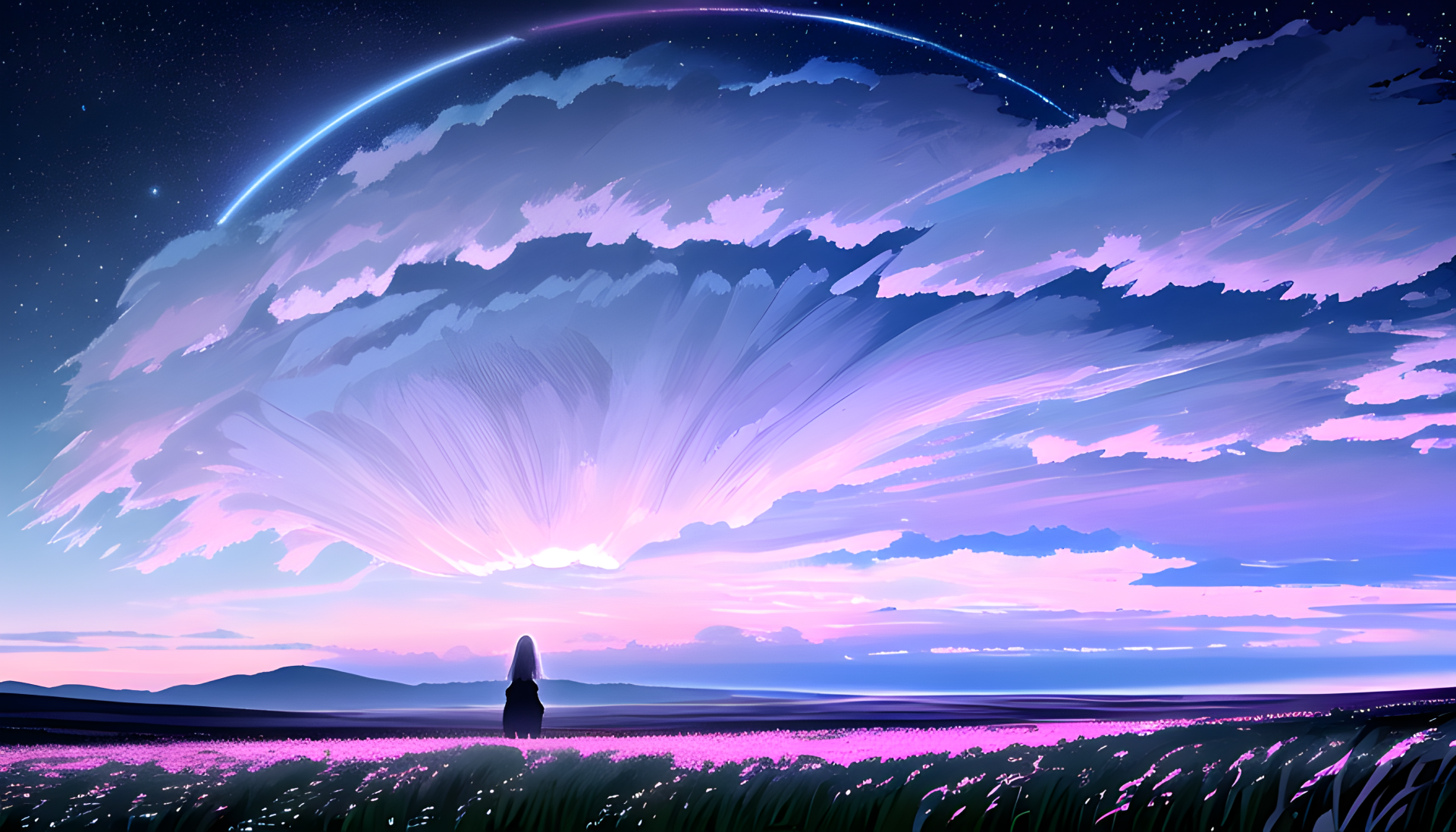 AI art anime girl silhouette in a flower field under a vast pastel pink-purple sky with a glowing horizon and distant ringed planet — 2K Quad HD PC desktop wallpaper background.