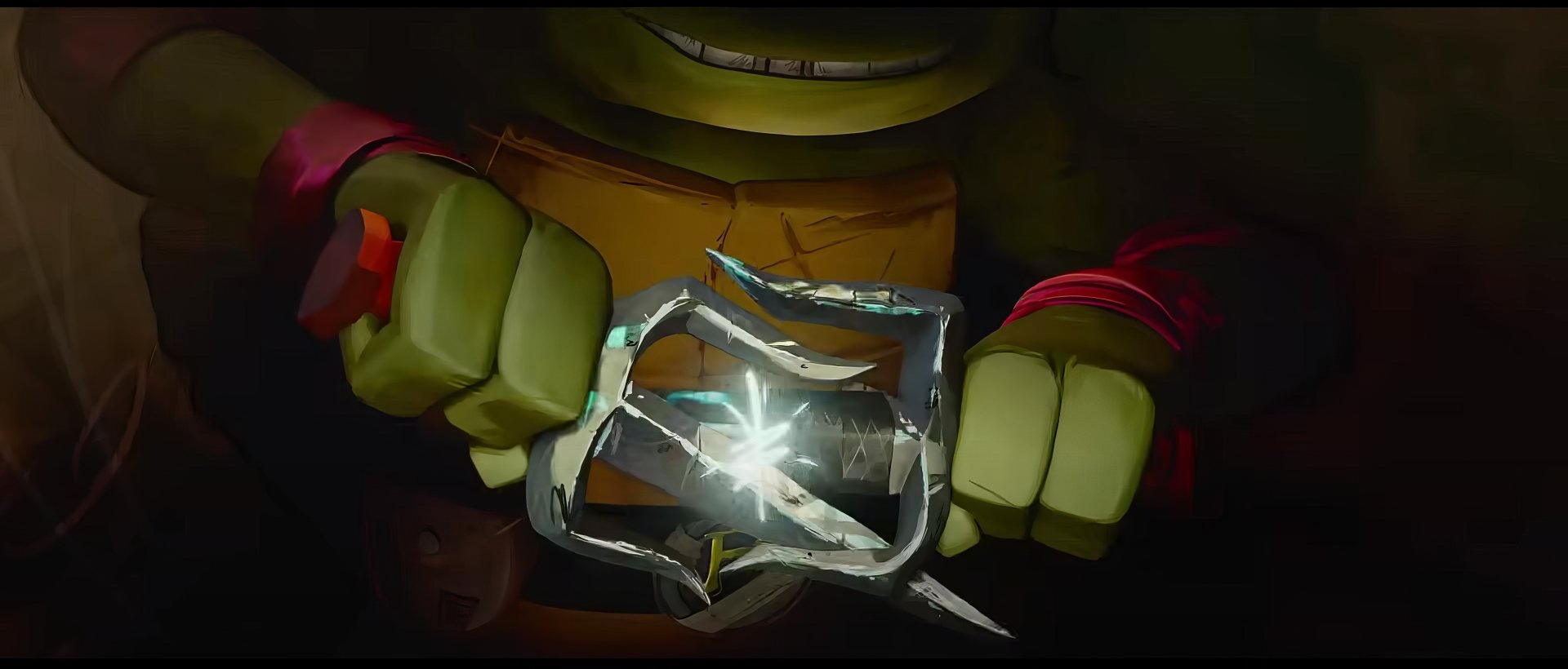 HD wallpaper of Teenage Mutant Ninja Turtles: Mutant Mayhem featuring a close-up on a Turtle's hands with broken glass for desktop background.