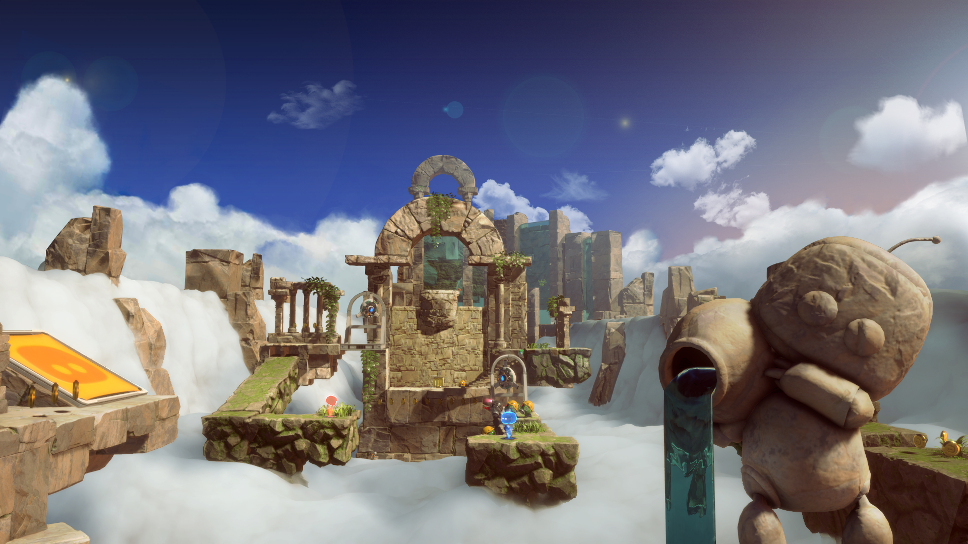 HD desktop wallpaper of Astro Bot Rescue Mission featuring whimsical floating islands, ancient ruins, and a character exploring the vibrant environment.