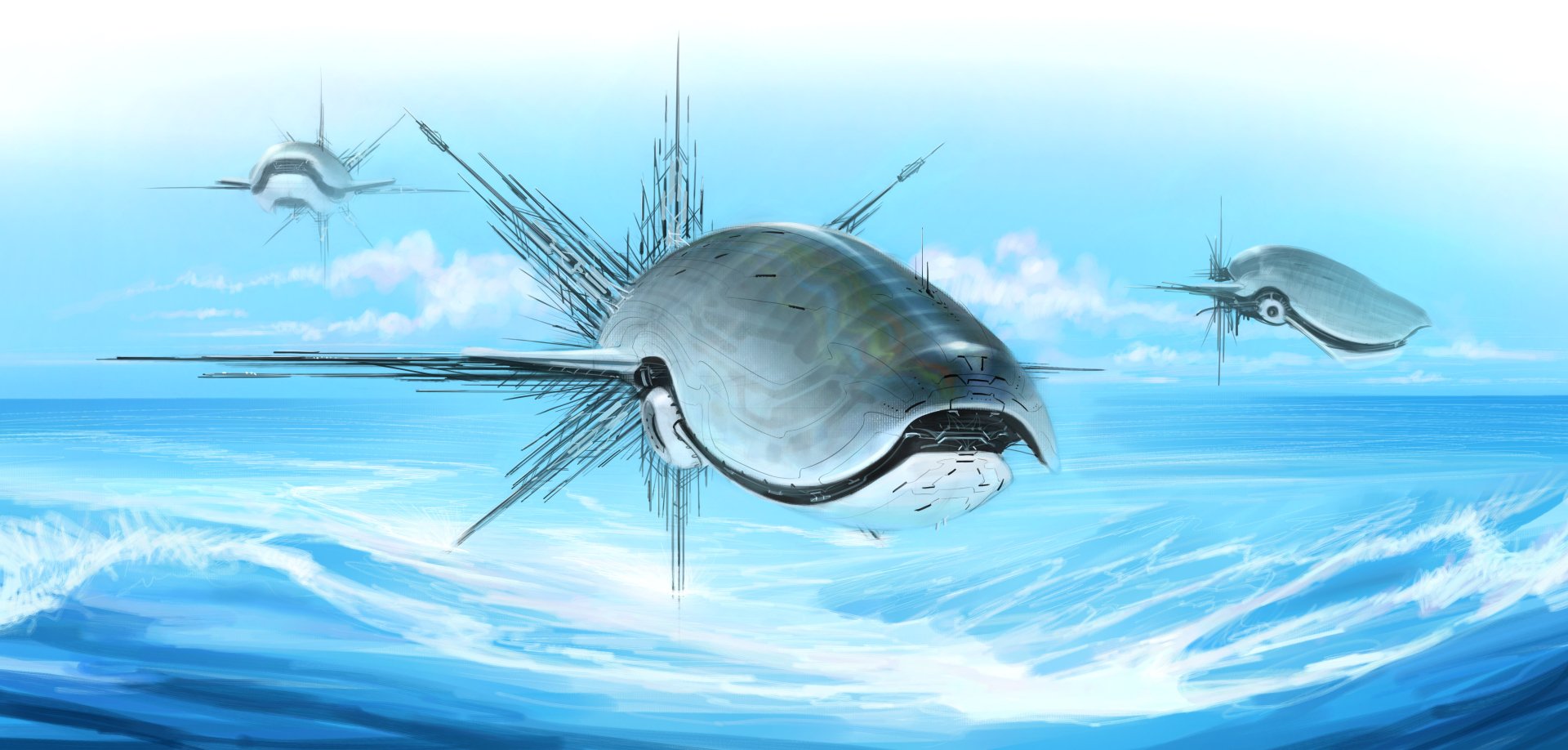 HD desktop wallpaper featuring futuristic vehicles from the video game Wipeout Omega Collection, racing over a vibrant ocean.