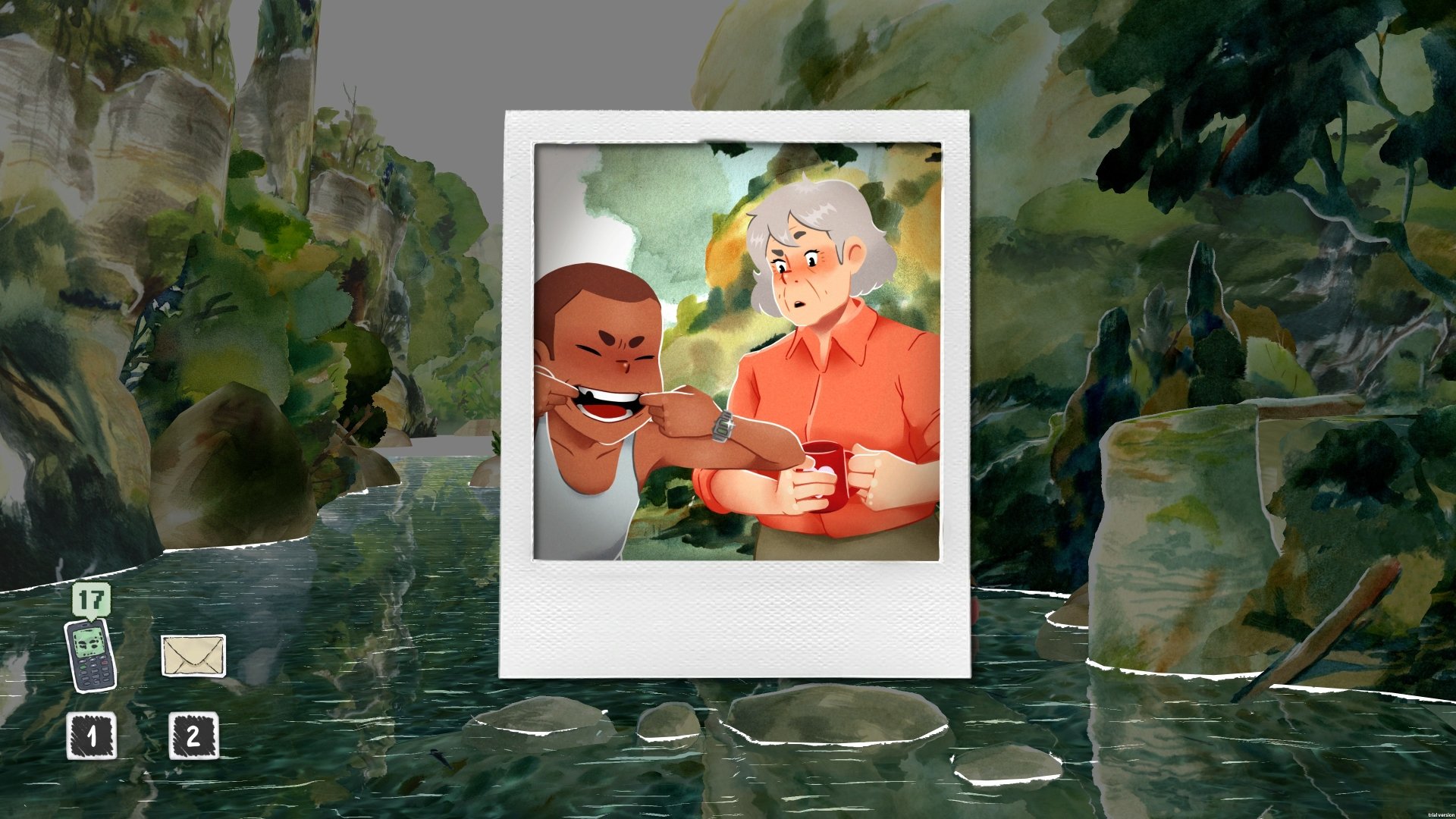 HD desktop wallpaper featuring an image from the video game Dordogne, depicting two animated characters interacting by a rocky stream.