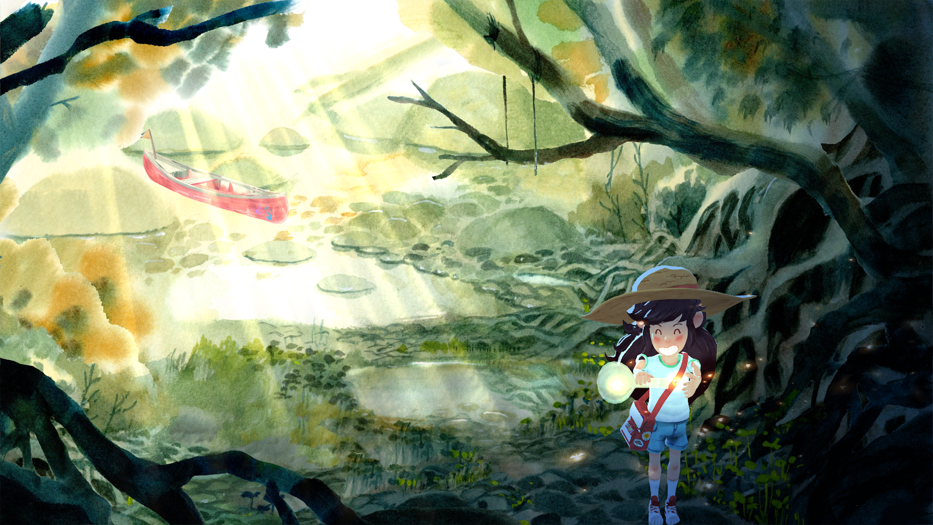 A HD desktop wallpaper featuring a scene from the video game Dordogne with a young girl in a sunlit forest, approaching a river with a canoe.