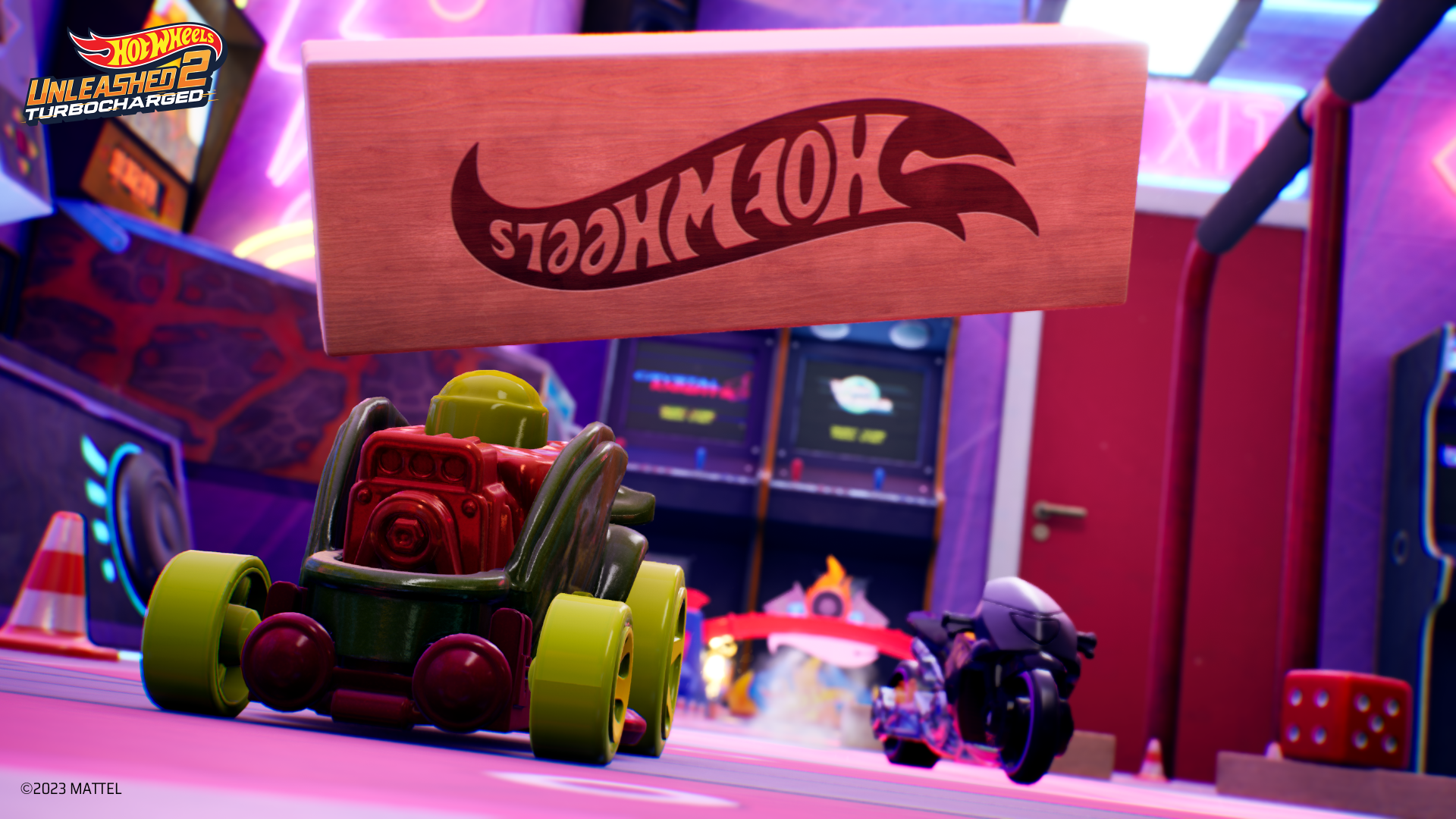 HD desktop wallpaper featuring a scene from Hot Wheels Unleashed 2: Turbocharged, with a vibrant toy car under a floating Hot Wheels sign.