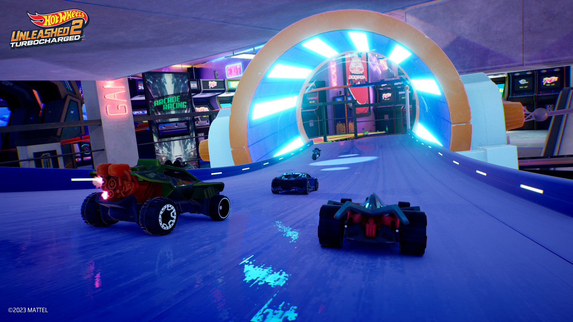 HD wallpaper from Hot Wheels Unleashed 2: Turbocharged featuring colorful toy cars racing on a vibrant arcade track.