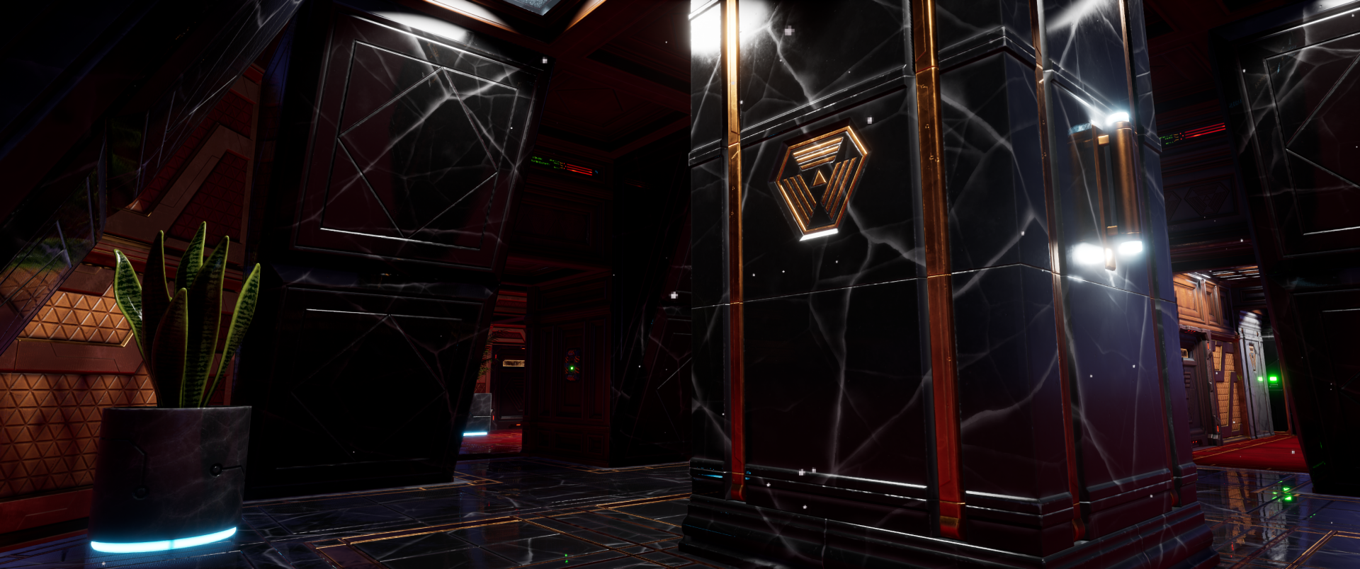 HD desktop wallpaper from the video game System Shock (2023), depicting a sleek, futuristic room with metallic surfaces and geometric patterns.