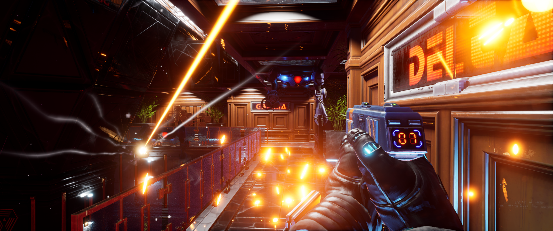 HD desktop wallpaper from System Shock (2023) depicting a dynamic first-person shooter scene inside a futuristic corridor with laser beams and a hovering drone adversary.