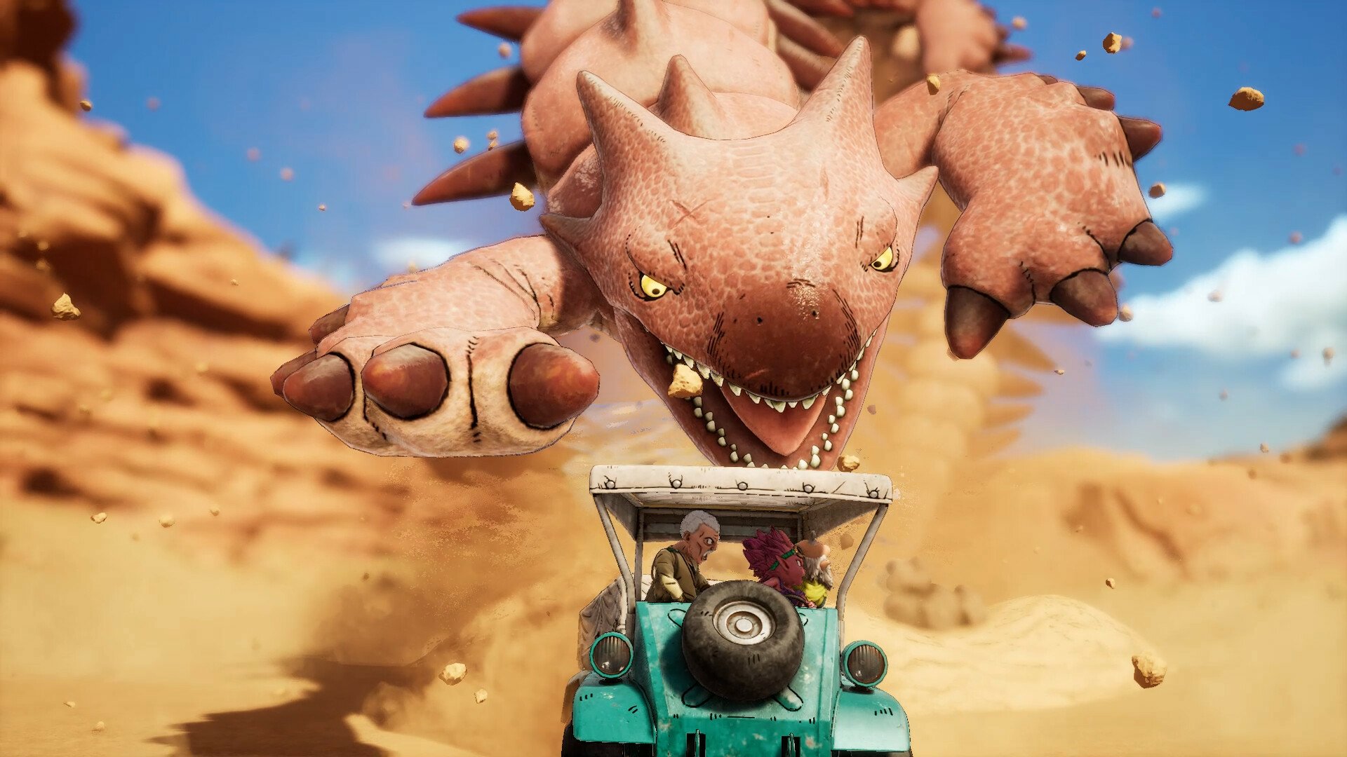 HD wallpaper from the video game Sand Land featuring a fierce monster lunging over a vehicle in a desert landscape.