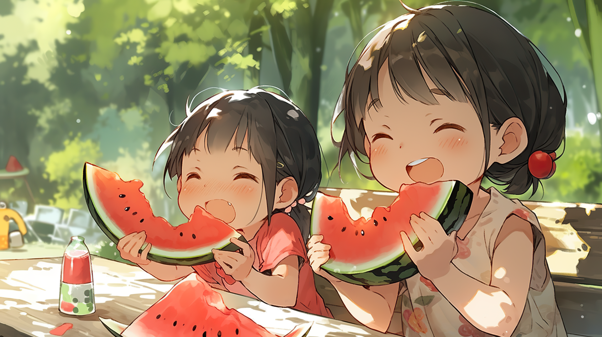 HD desktop wallpaper featuring two animated children joyfully eating watermelon in a sunny outdoor setting.
