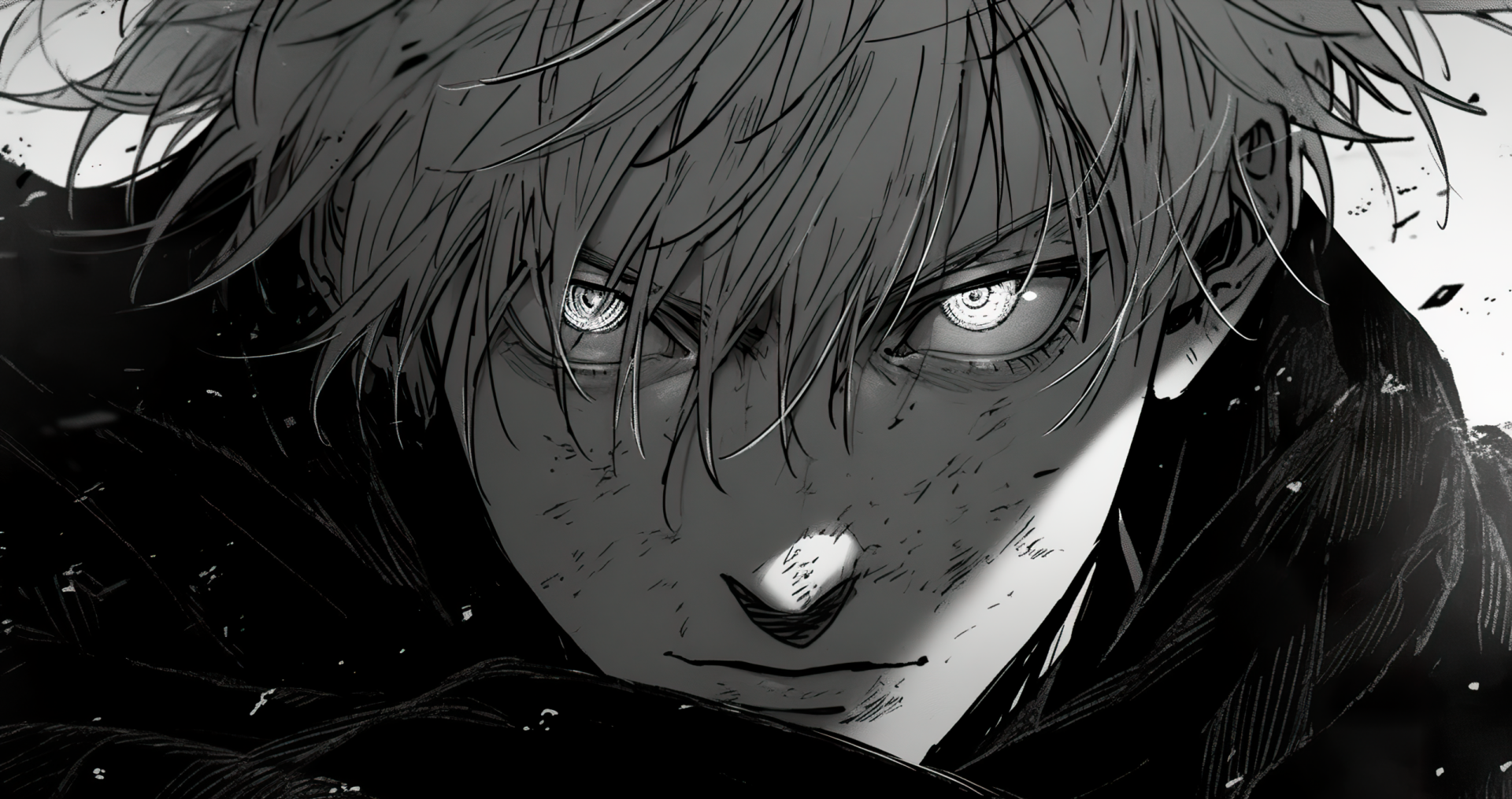 HD desktop wallpaper featuring a close-up of Satoru Gojo from the anime Jujutsu Kaisen, depicted in monochrome manga style with intense eyes.