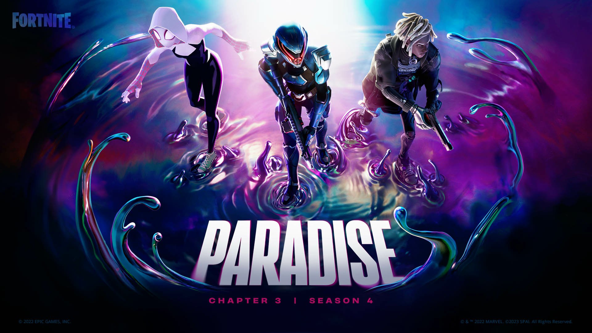 HD Fortnite PC desktop wallpaper featuring three dynamic characters emerging from vibrant, swirling purple and blue energy with PARADISE text for Chapter 5, Season 6.