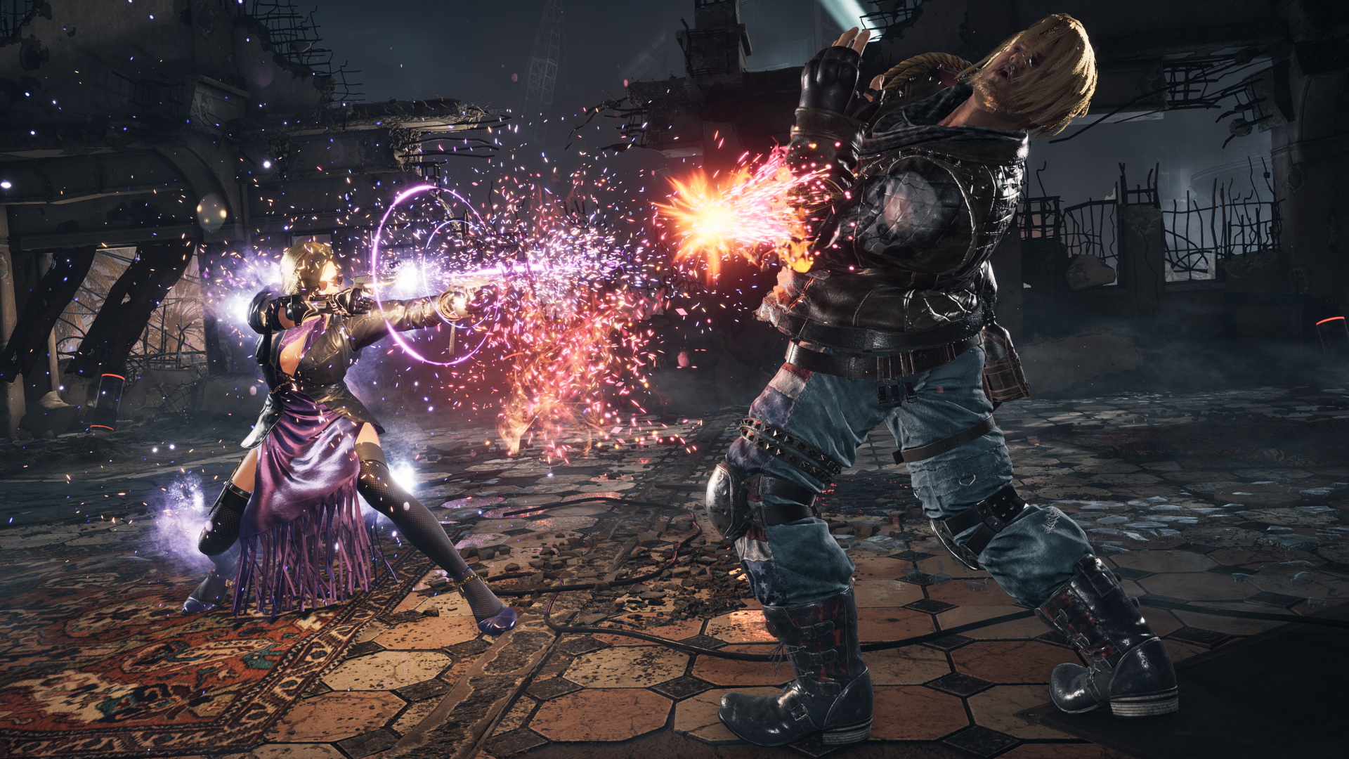 A dynamic scene from Tekken 8 featuring Nina Williams and Paul Phoenix in an intense battle, showcasing vibrant special effects and intricate character designs in HD quality.