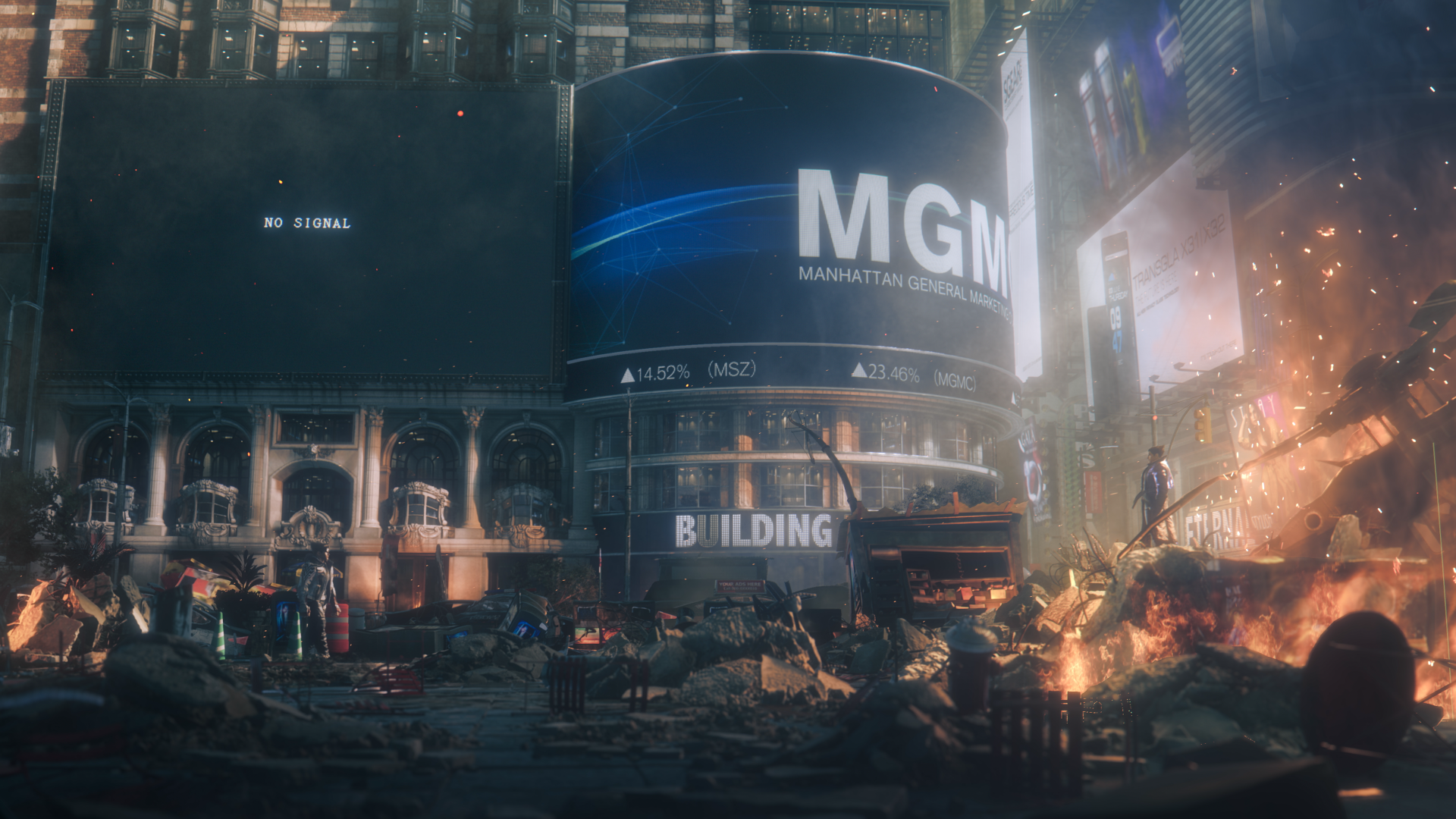 HD desktop wallpaper featuring a dramatic scene from Tekken 8, showcasing a destroyed cityscape with glowing embers and prominent signage.