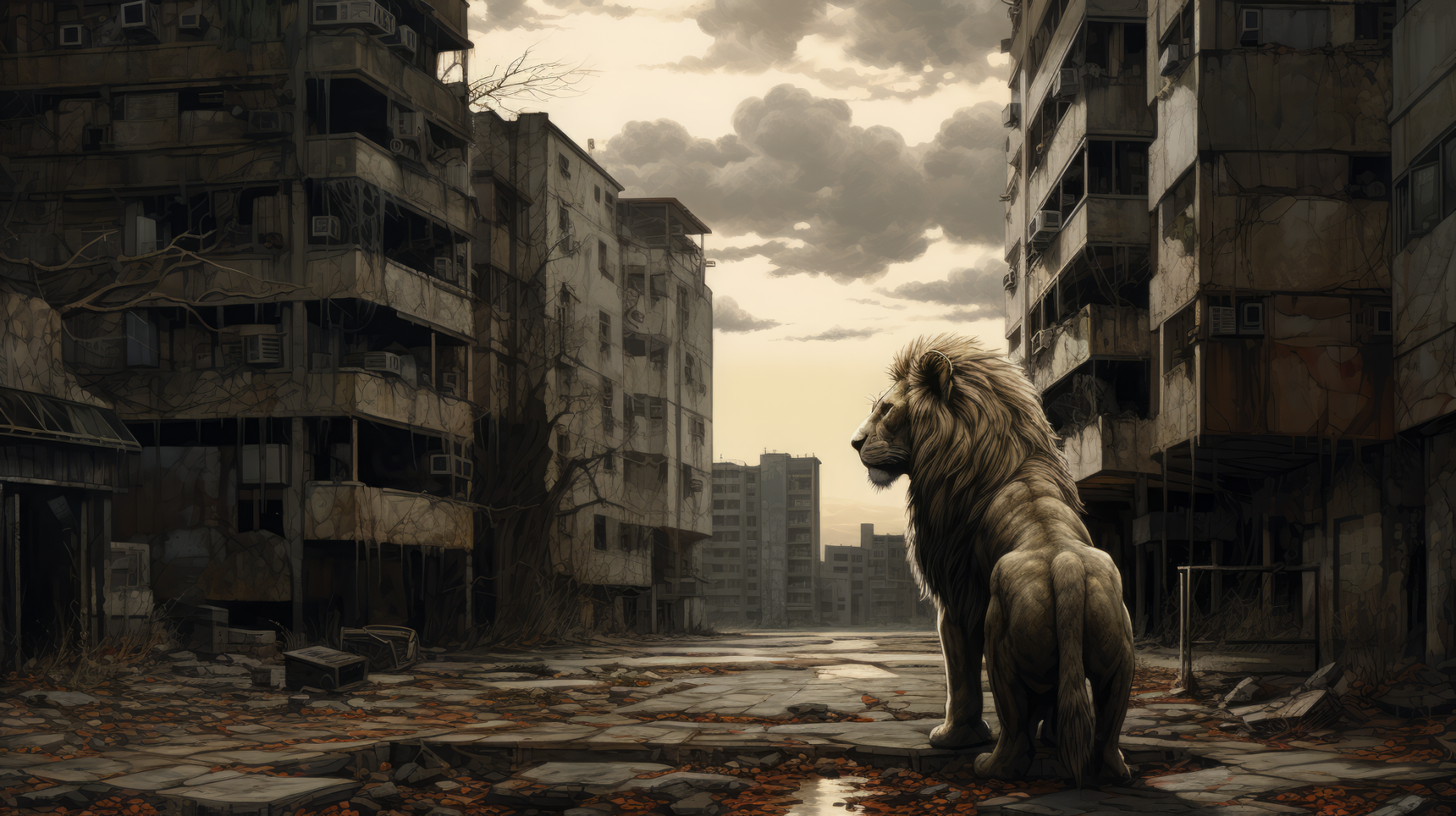 Majestic lion standing amidst a desolate post-apocalyptic cityscape, rendered in an AI art HD desktop wallpaper.
