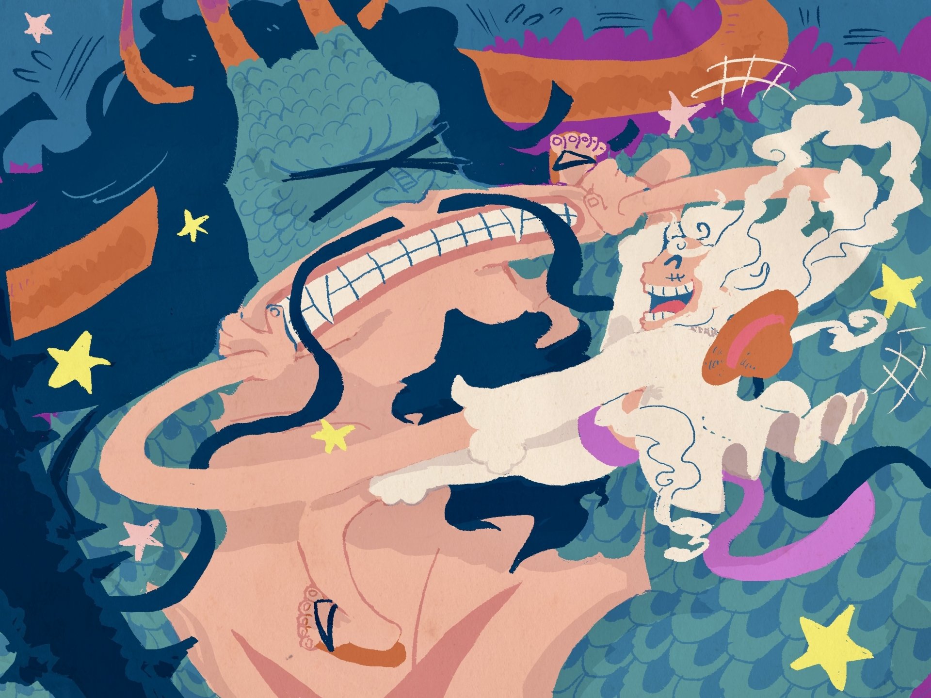 HD anime wallpaper featuring Gear 5 Monkey D. Luffy clashing with Kaido from One Piece in an intense battle scene.