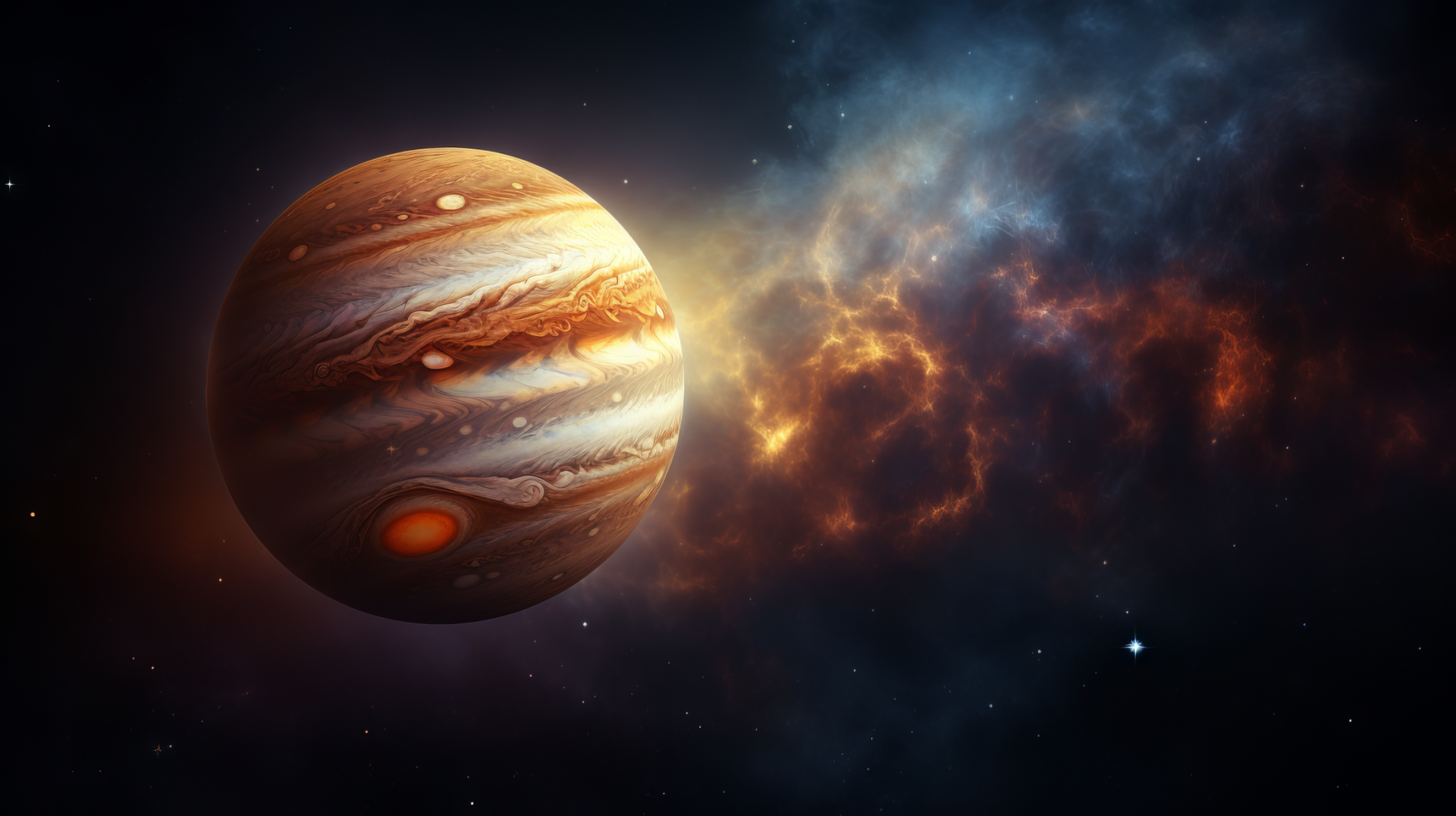HD wallpaper of Jupiter with colorful nebula background for desktop.