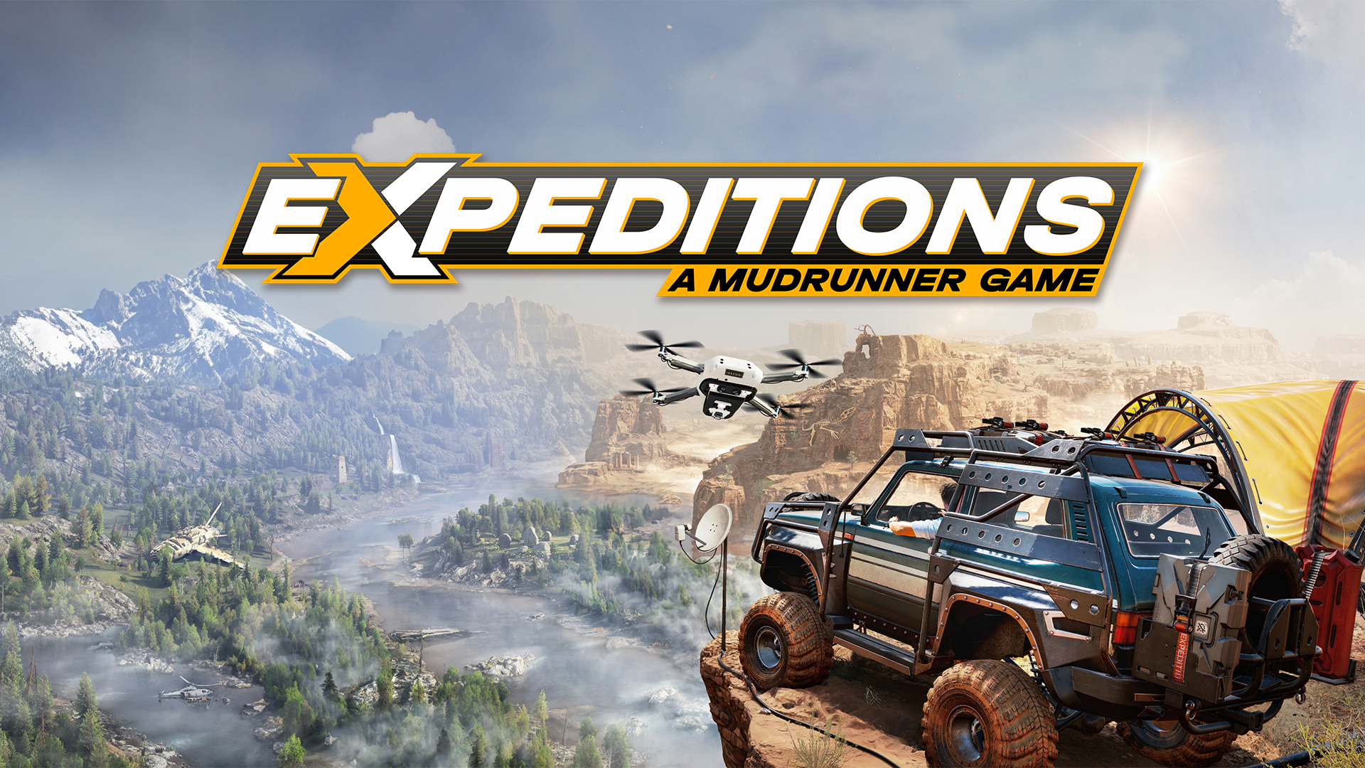 HD desktop wallpaper for Expeditions: A MudRunner Game featuring an off-road vehicle and a drone in a rugged landscape with mountains in the background.