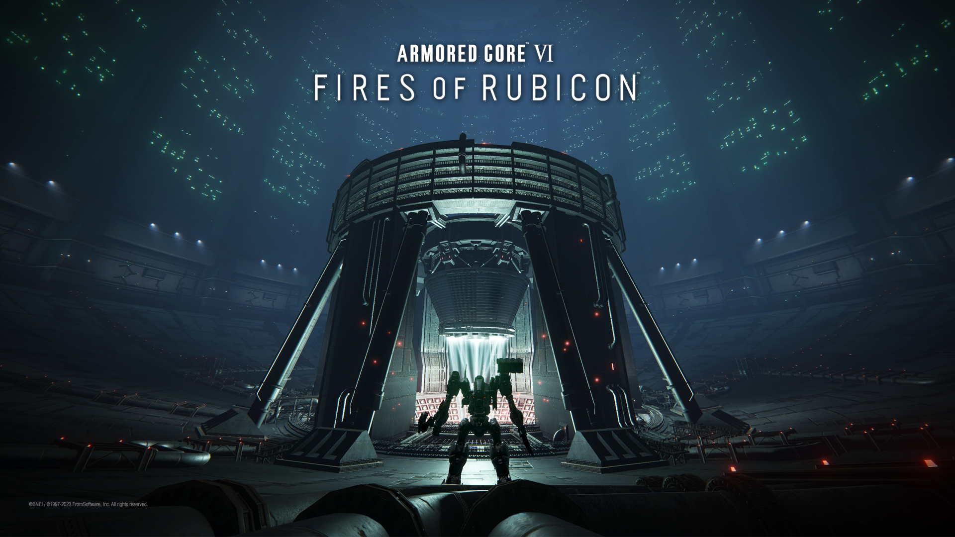 HD desktop wallpaper featuring a scene from Armored Core VI: Fires of Rubicon video game, showing a mechanized suit entering a futuristic hangar.