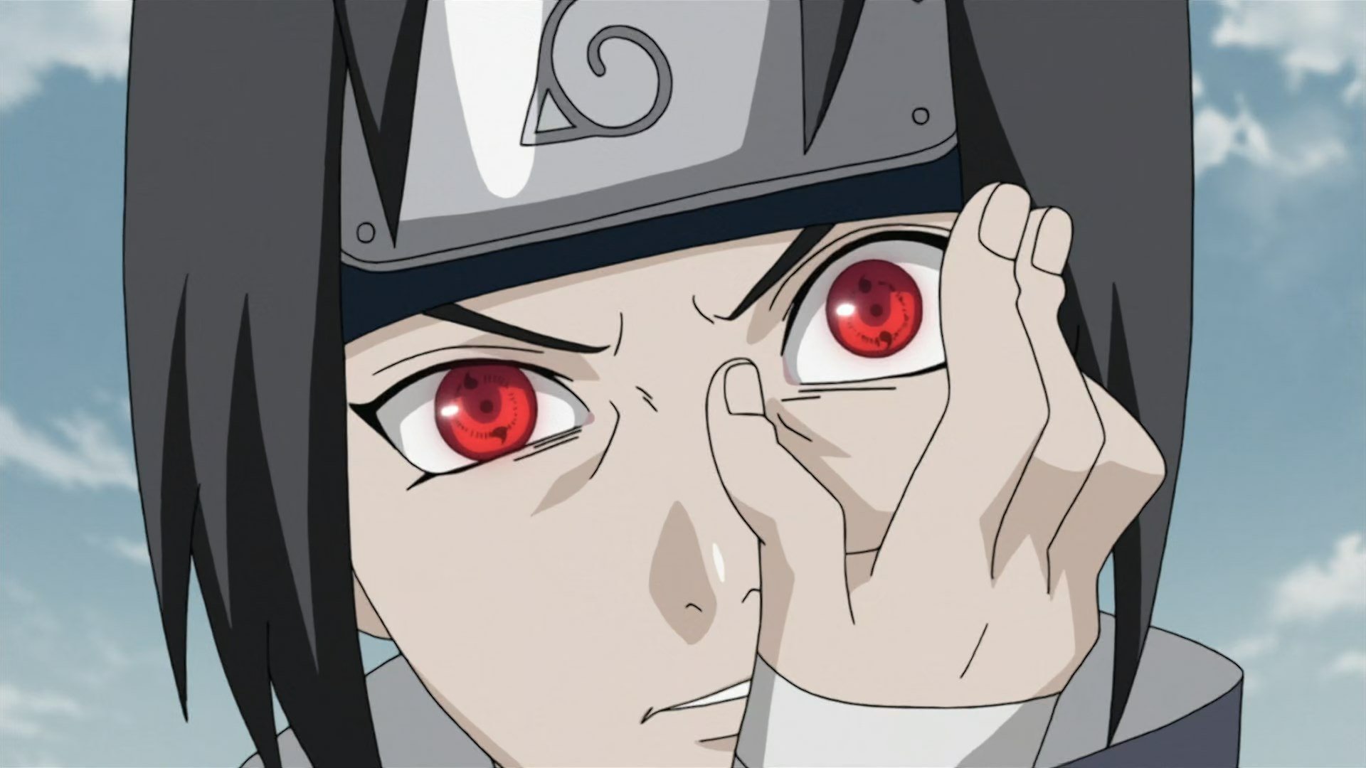 HD anime desktop wallpaper featuring Sasuke Uchiha from Naruto with his Sharingan activated, set against a cloudy sky background.