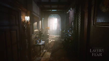 HD desktop wallpaper featuring a spooky interior scene from the game Layers of Fear with dim lighting and Victorian-style decor.