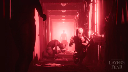 HD desktop wallpaper featuring a haunting scene from Layers of Fear with eerie figures in a crimson-tinged corridor.