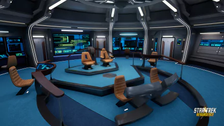 HD desktop wallpaper featuring the command bridge from Star Trek: Resurgence, showcasing futuristic chairs and control panels.