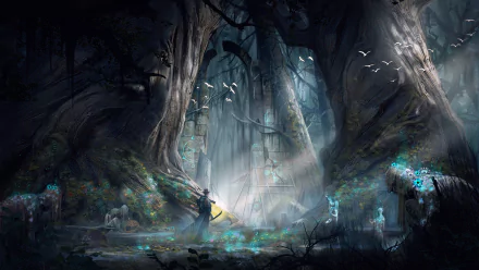 A mystical forest scene from the video game Nightingale, featuring towering trees, ethereal light, and ghostly figures, creating an enchanting atmosphere for a HD desktop wallpaper.