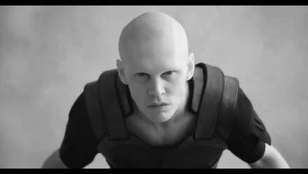 A striking black and white HD wallpaper featuring Austin Butler as a character from the movie Dune: Part Two, portraying a tense and captivating moment.