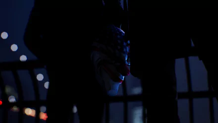 Silhouette of a mysterious figure holding an American flag mask at dusk, HD wallpaper inspired by Payday 3 video game.