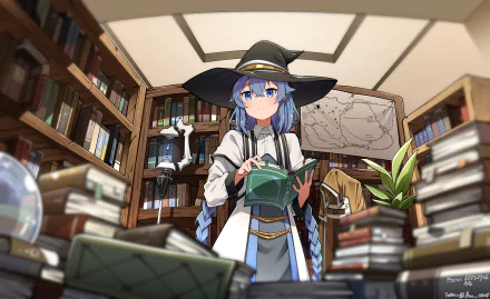 HD wallpaper featuring Roxy Migurdia from Mushoku Tensei: Jobless Reincarnation, standing in a library surrounded by books.