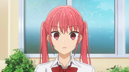 A vibrant HD wallpaper featuring a character from Horimiya: The Missing Pieces, showcasing a girl with pink hair and a white school uniform, set against a bright window backdrop.